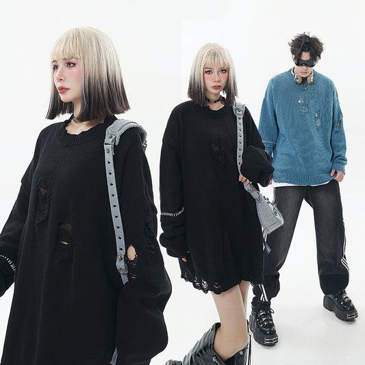 Pull col rond en laine brodée ample