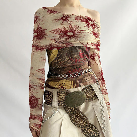 Retro Vintage Style Printed Contrast Color Lapels Slim-fit Long Sleeve