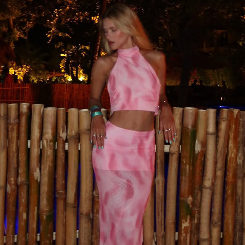 Combinaison sexy dos nu avec jupe en maille imprimée