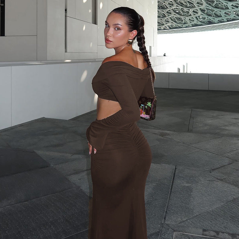 Tailleur-robe longue à manches longues et épaules dénudées