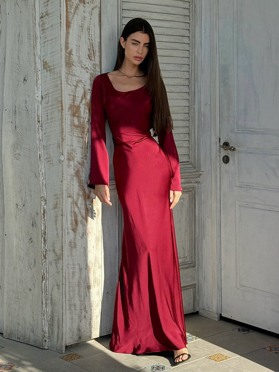 Womens Long-Sleeve Lace-Up Chinese-Style Elegant And Effortless Waist-Cinching Dress