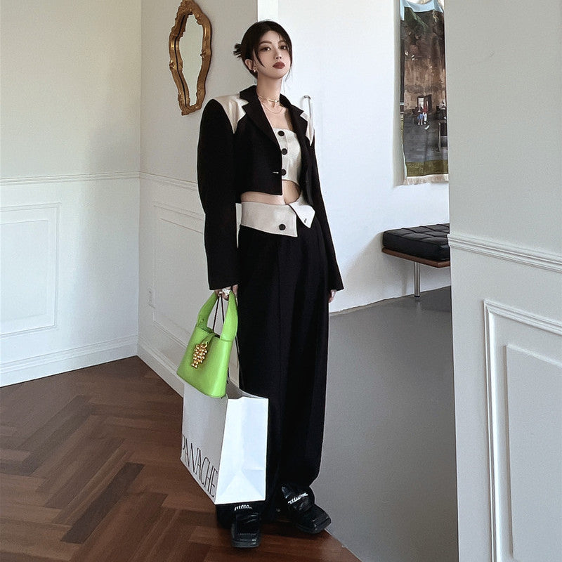 Women's Fashion Tube Top Contrast Color Long Sleeve Suit Wide Leg Pants Set