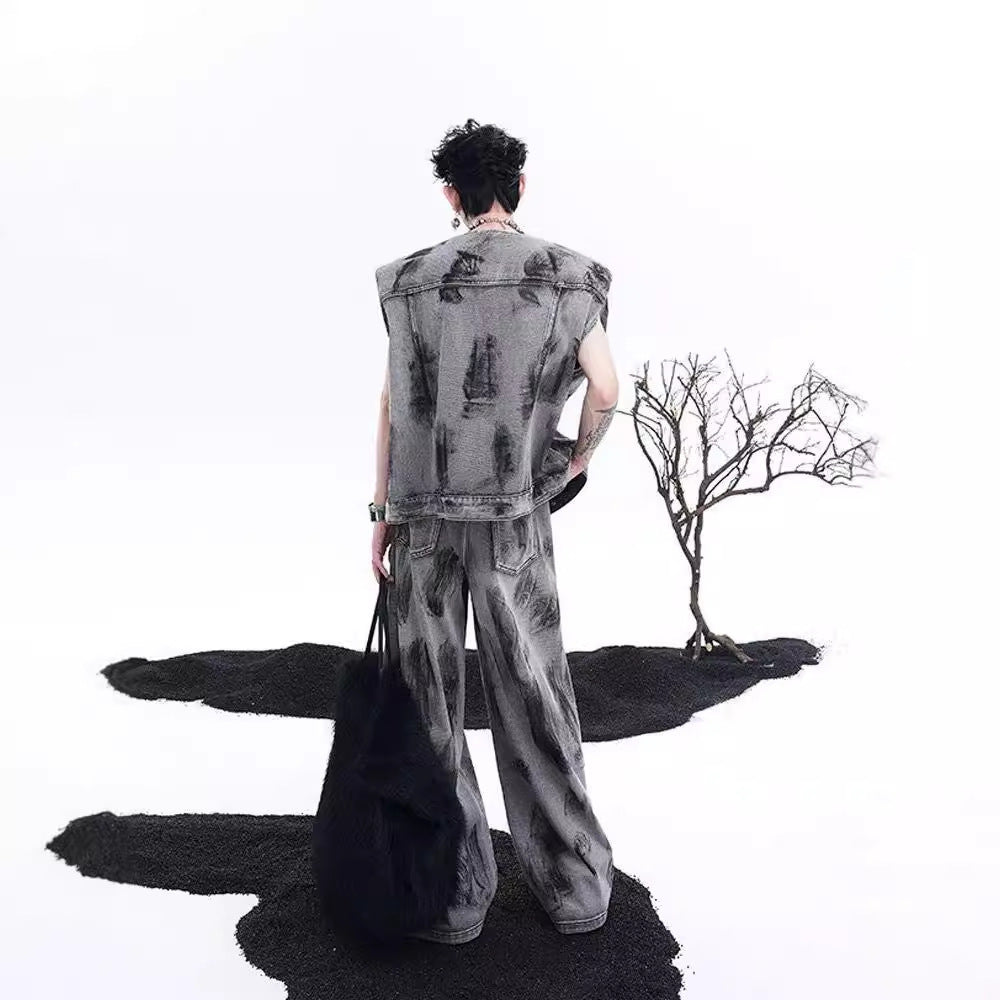 Manteau en jean sans manches à épaules rembourrées et motif graffiti de rue américain