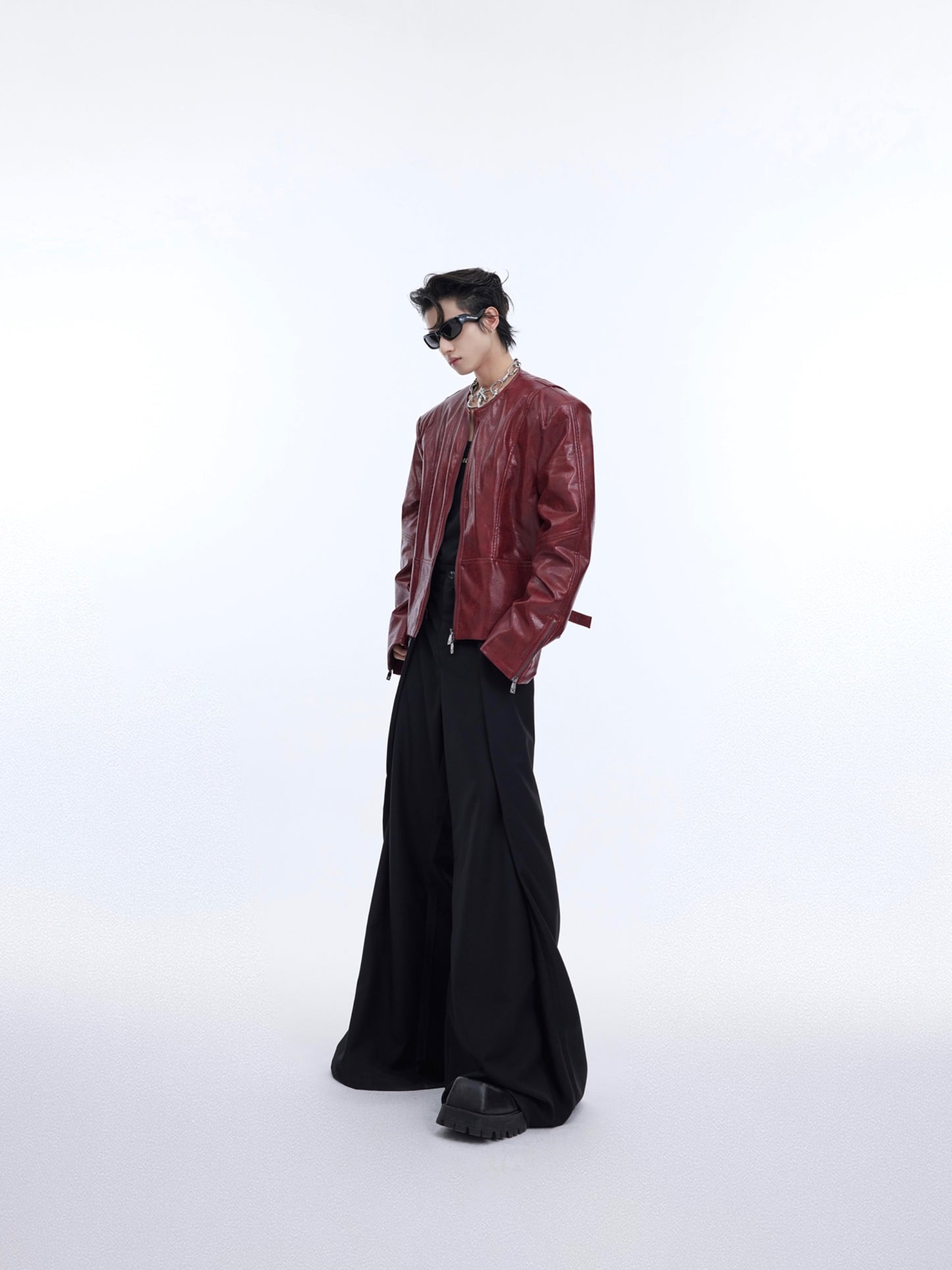 Texture Sense Padded Shoulder Leather Coat Men