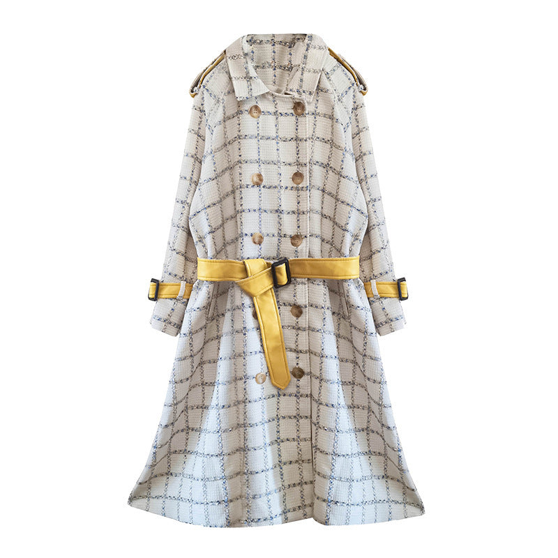 Korean Plaid Mid-length Coat Beige Woolen Coat