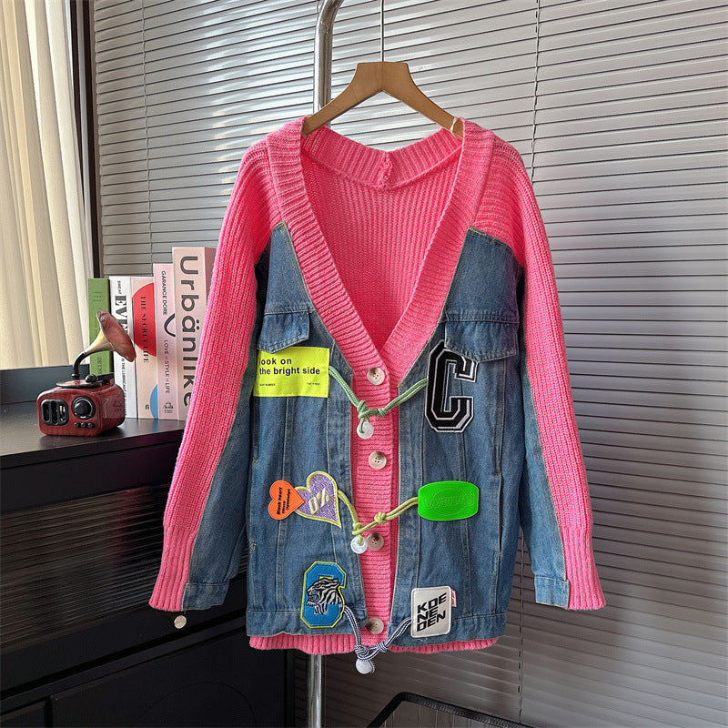Denim Stitching Sweater Cardigan Loose Knitted Coat