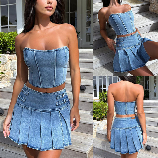 Tube Top Denim Sleeveless Mid-bedroom High Waist Skirt Suit