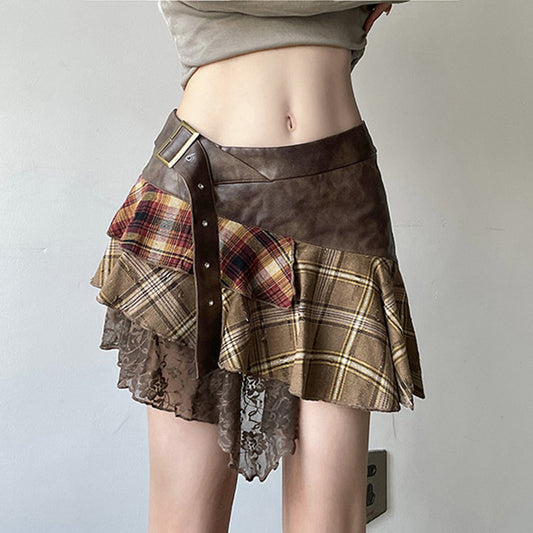 Retro Irregular Plaid Color Contrast Patchwork Skirt New