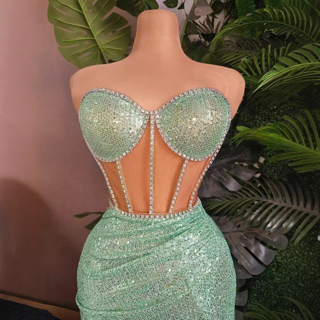 Casual All-match Shiny Rhinestone Sequins Top Dress Suit