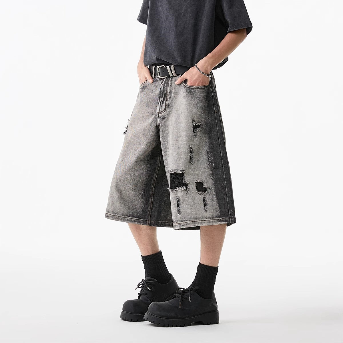 High Street Water Washed Hole Denim Shorts