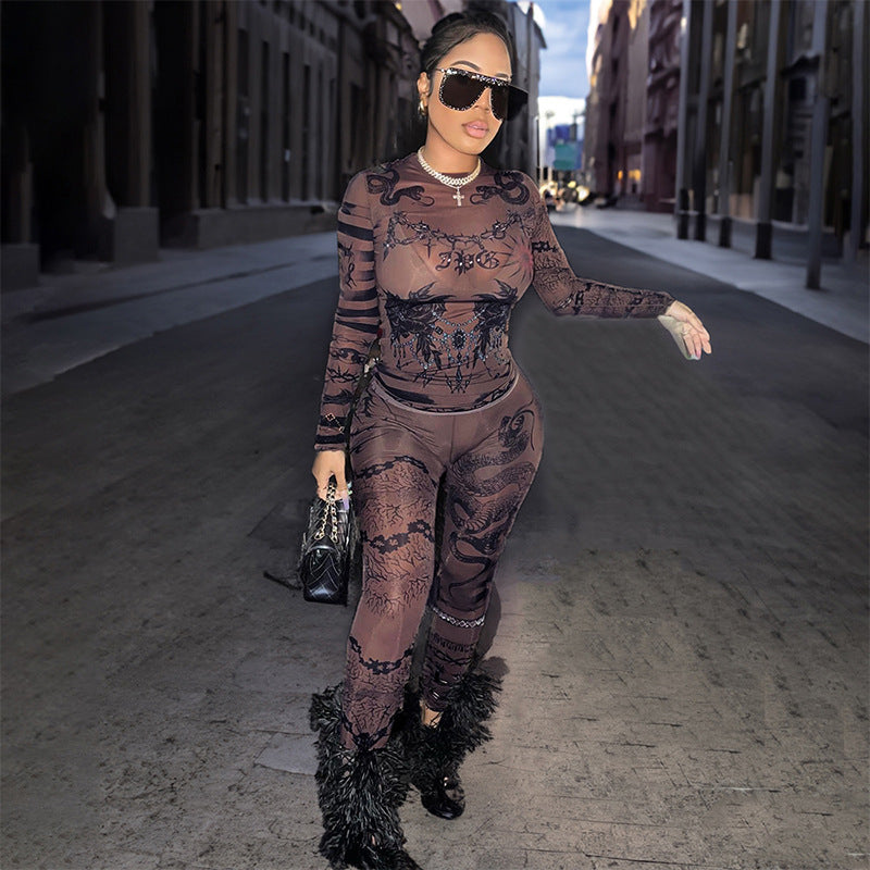 Skinny Mesh Printed Long-sleeved Top Pants Casual Suit