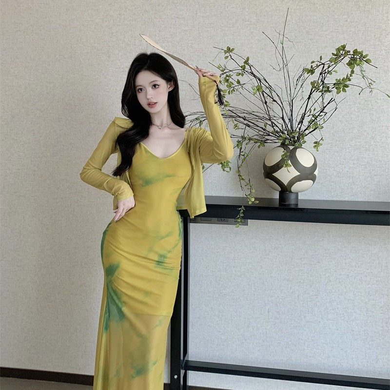 Robe fourreau rétro tie-dye pour femme, fendue et à bretelles