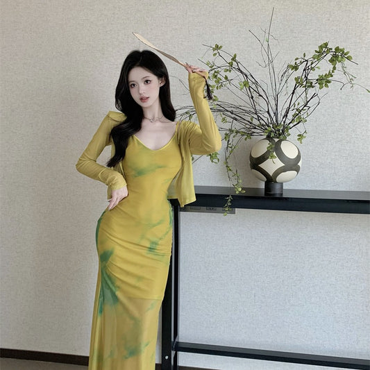 Women's Retro Tie-Dye Bodycon Sheath Dress With Slit And Straps