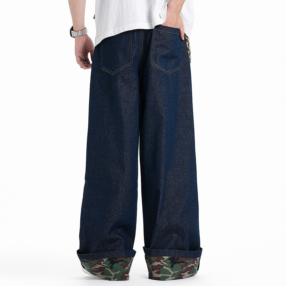 Pantalon à jambes droites pour homme, style tendance, ourlet contrasté