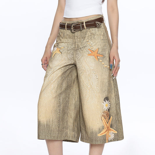 American-style Retro Large Size Shell Cropped Pants