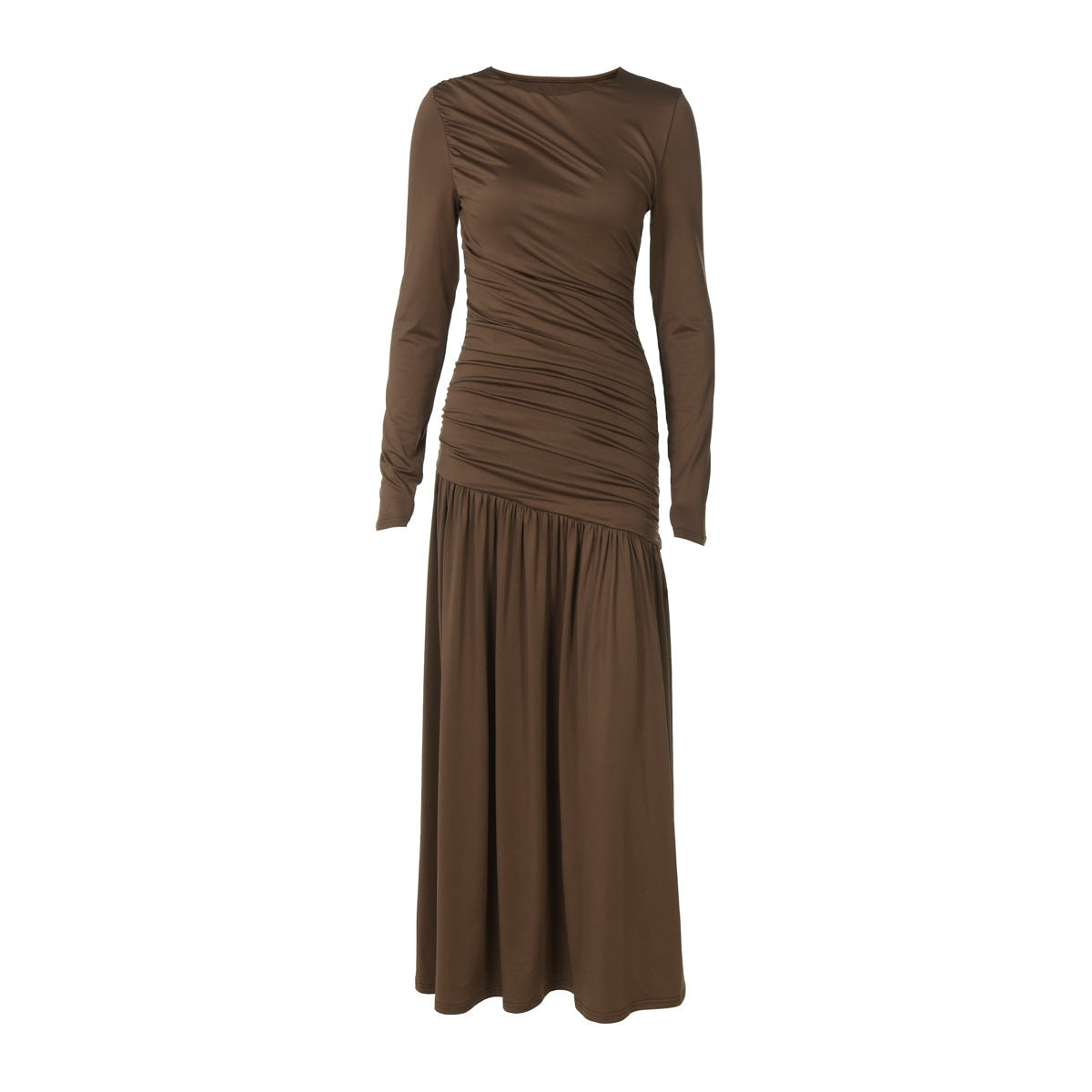 Solid Color Fashion Slim-fit Pleated Round-neck Long-sleeved Dress
