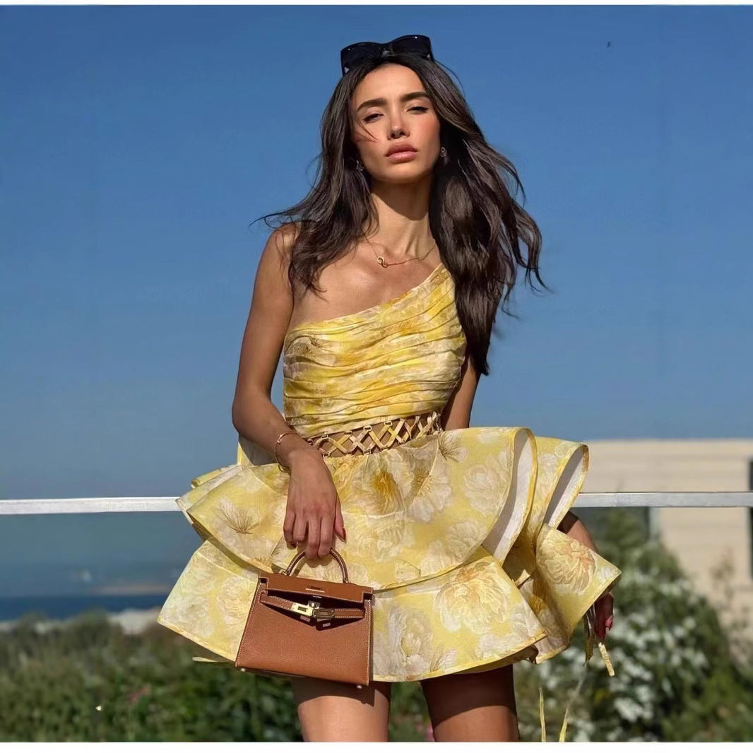 Style One-shoulder Pleated Lace-up Cutout Printed Puffy Cake Dress