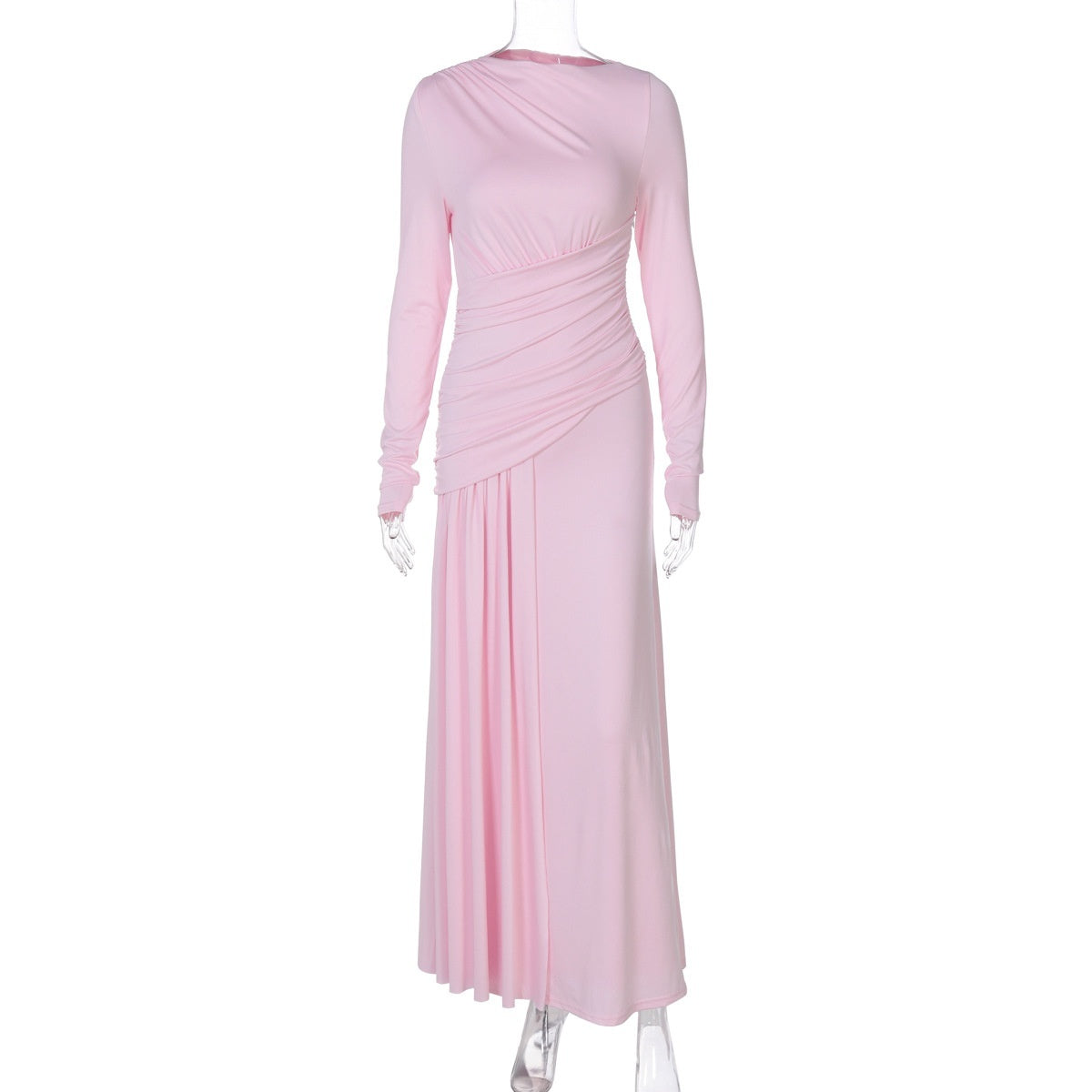 Elegant Slim Pleated Zipper Round-neck Long-sleeved Dress