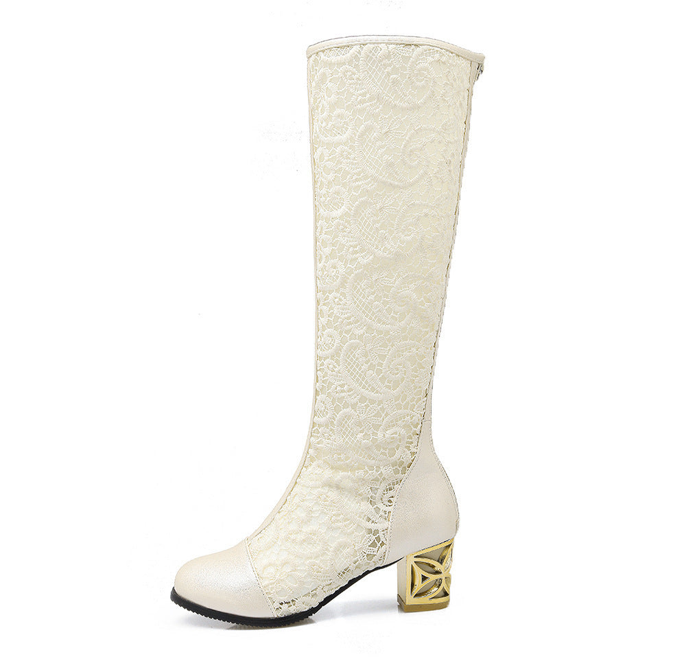 Bottes à bout rond avec coutures en dentelle et fermeture éclair à l'arrière, sandales à talons épais pour femmes