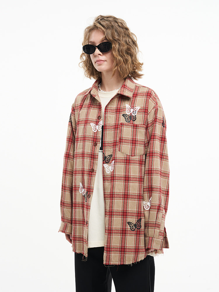 Veste ample à carreaux vintage à imprimé papillon