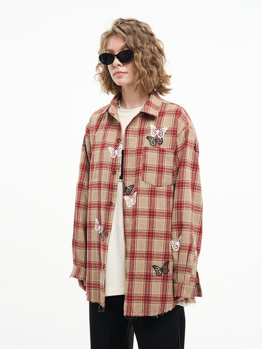 Veste ample à carreaux vintage à imprimé papillon
